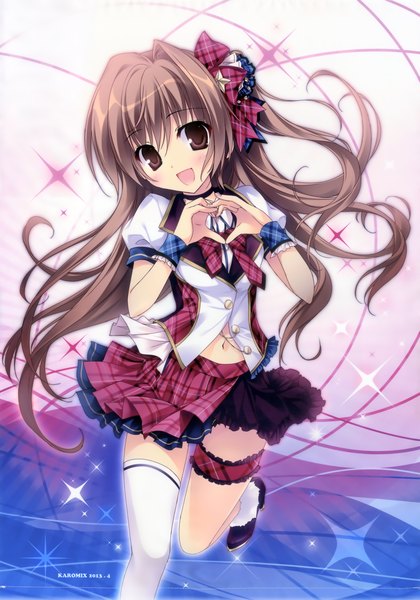 Anime picture 3004x4291 with original aomi maika karory single long hair tall image blush highres open mouth brown hair brown eyes absurdres scan one side up heart hands girl thighhighs dress skirt bow