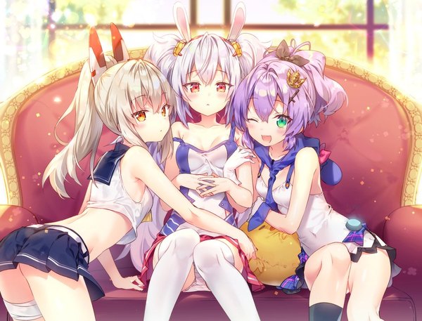 Anime picture 918x700 with azur lane manjuu (azur lane) ayanami (azur lane) laffey (azur lane) javelin (azur lane) riichu long hair looking at viewer blush fringe short hair breasts open mouth light erotic hair between eyes red eyes sitting twintails bare shoulders multiple girls