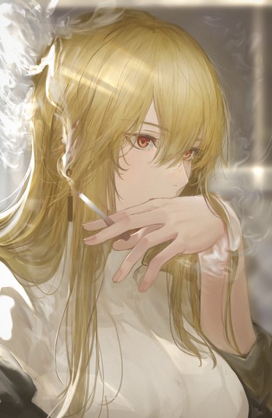 Anime picture 2546x3909 with original marumoru single long hair tall image fringe highres breasts blonde hair hair between eyes red eyes holding looking away upper body arm up smoke covered mouth smoking girl sweater