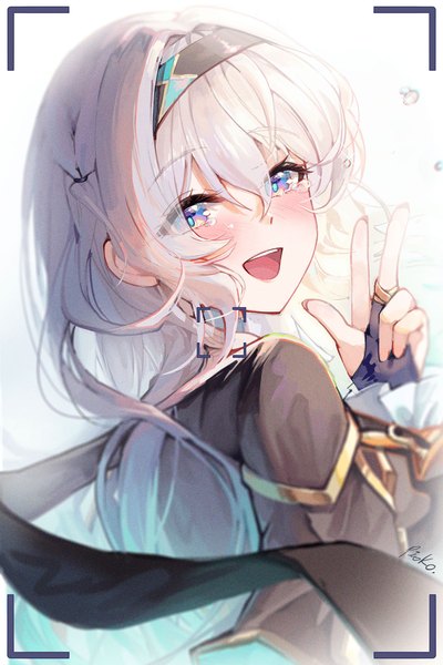 Anime picture 1500x2250 with honkai: star rail honkai (series) firefly (honkai: star rail) pistachiocream single long hair tall image blush fringe open mouth blue eyes hair between eyes silver hair upper body :d looking back tears viewfinder girl hairband