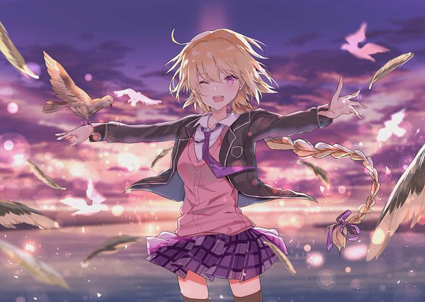Anime picture 2048x1456 with fate (series) fate/grand order original jeanne d'arc (fate) (all) nanakagura single long hair looking at viewer fringe highres breasts open mouth blonde hair hair between eyes standing purple eyes sky ahoge braid (braids) one eye closed