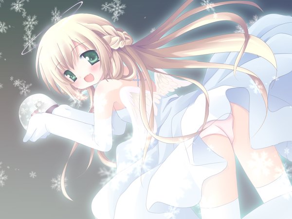 Аниме картинка 1600x1200 с лёгкая эротика панцушот ангельские крылья ангел девушка платье крылья белое платье нимб снежинка (снежинки)