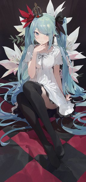 Anime picture 1500x3144 with vocaloid world is mine (vocaloid) hatsune miku modare single tall image looking at viewer blush smile sitting twintails full body very long hair aqua eyes aqua hair arm support checkered floor floor girl thighhighs