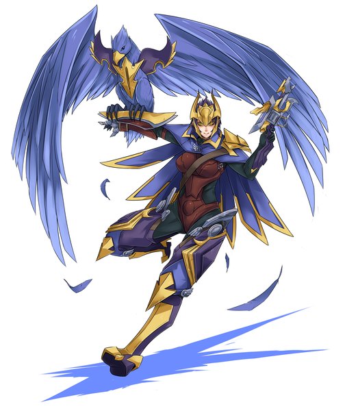 Anime picture 2000x2383 with league of legends quinn (league of legends) valor (league of legends) exaxuxer single tall image looking at viewer highres short hair white background yellow eyes purple hair girl animal armor bird (birds) feather (feathers) helmet crossbow
