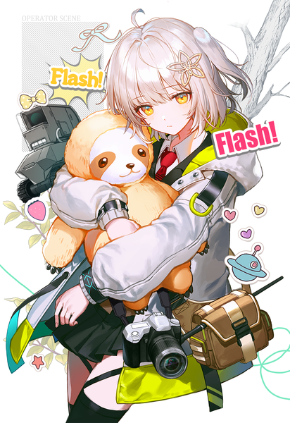 Anime picture 1029x1500 with arknights scene (arknights) lens (arknights) lentain single tall image fringe short hair hair between eyes yellow eyes silver hair ahoge one side up girl thighhighs black thighhighs necktie star (symbol) toy stuffed animal