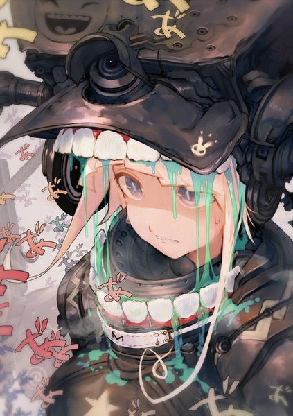 Anime picture 635x900 with original toridamono single tall image short hair blonde hair purple eyes looking away from above teeth close-up girl uniform star (symbol) military uniform