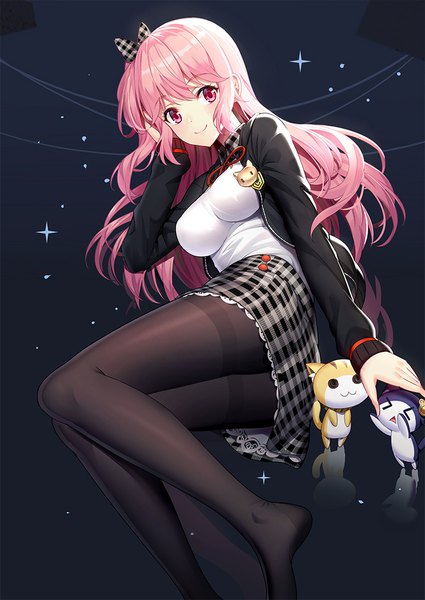 Anime picture 779x1100 with original emily stock ririko (zhuoyandesailaer) single long hair tall image looking at viewer blush fringe breasts light erotic smile large breasts payot pink hair bent knee (knees) long sleeves pink eyes sparkle no shoes