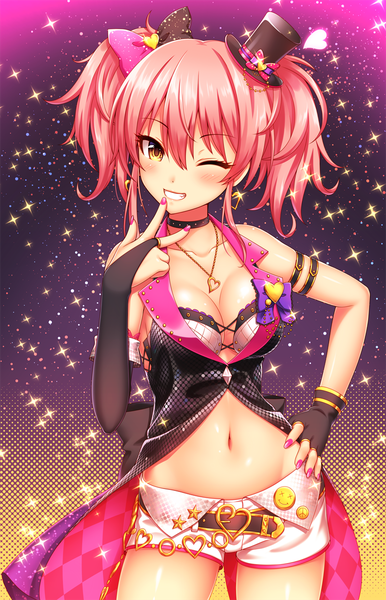 Anime picture 801x1243 with idolmaster idolmaster cinderella girls jougasaki mika nazu-na single tall image short hair breasts light erotic smile twintails yellow eyes pink hair one eye closed wink short twintails heart overflow girl gloves navel