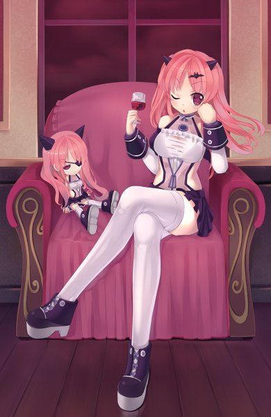Anime picture 800x1231 with original ririko (zhuoyandesailaer) long hair tall image blush sitting purple eyes pink hair one eye closed horn (horns) wink crossed legs girl thighhighs dress white thighhighs shoes window couch doll (dolls)