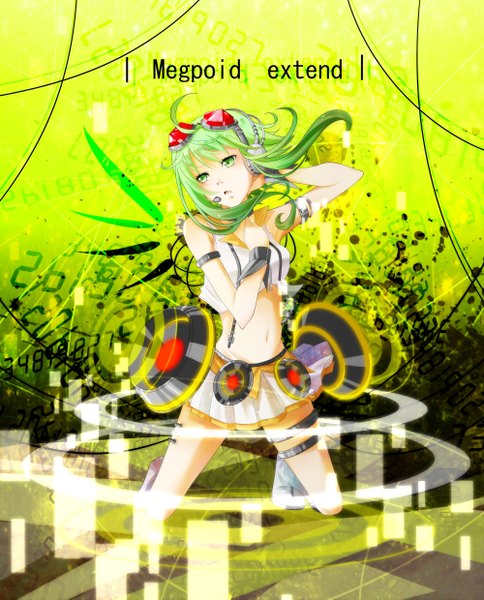 Anime picture 2000x2477 with vocaloid gumi nou single long hair tall image highres green eyes ahoge green hair midriff kneeling girl navel headphones goggles speakers