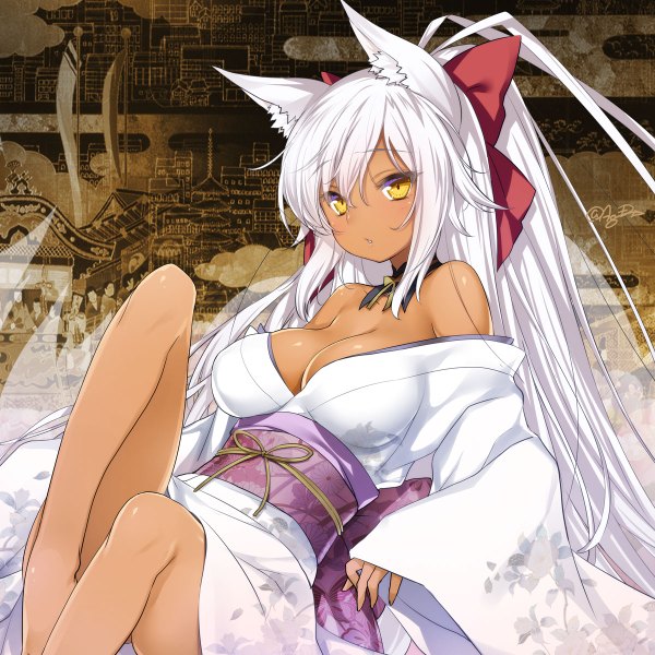 Anime picture 1200x1200 with original 47agdragon single long hair looking at viewer breasts light erotic animal ears yellow eyes white hair traditional clothes japanese clothes girl bow hair bow kimono obi