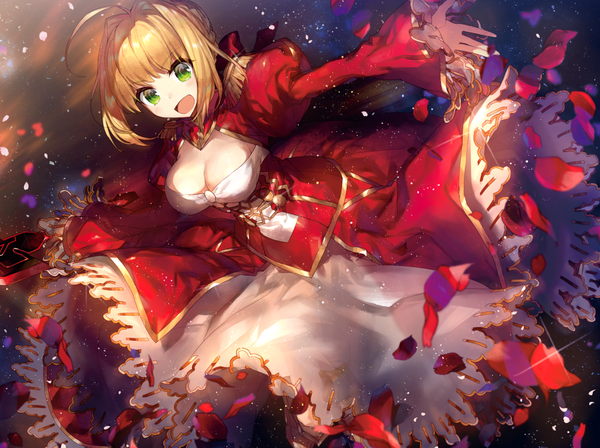 Anime picture 1000x748 with fate (series) fate/extra nero claudius (fate) (all) nero claudius (fate) chocoan single looking at viewer short hair breasts open mouth blonde hair green eyes cleavage girl dress weapon petals sword red dress epaulettes