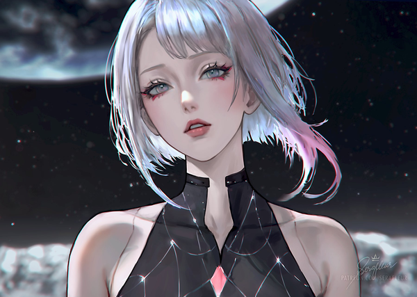 Anime picture 1800x1281 with cyberpunk edgerunners studio trigger lucy (cyberpunk) abigail diaz single looking at viewer blush fringe highres short hair signed silver hair upper body parted lips head tilt multicolored hair lips blurry realistic two-tone hair