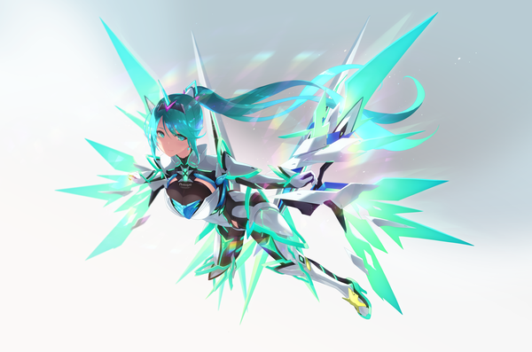 Anime picture 8031x5315 with xenoblade xenoblade 2 pneuma (xenoblade) cait single long hair looking at viewer fringe highres breasts simple background smile hair between eyes payot absurdres ponytail horn (horns) aqua eyes aqua hair gradient background