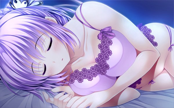 Anime picture 1054x659 with scramble lovers aoi yui ariko youichi single long hair blush breasts open mouth light erotic large breasts bare shoulders game cg cleavage eyes closed night on side sleeping girl hair ornament underwear