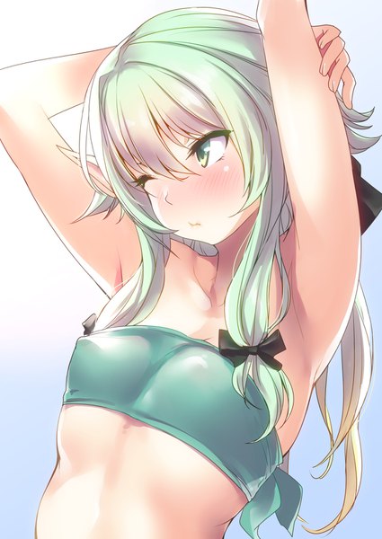 Anime picture 1200x1694 with goblin slayer! high elf archer (goblin slayer!) nukkoru single long hair tall image blush fringe breasts light erotic simple background hair between eyes green eyes payot looking away upper body one eye closed green hair pointy ears arms up