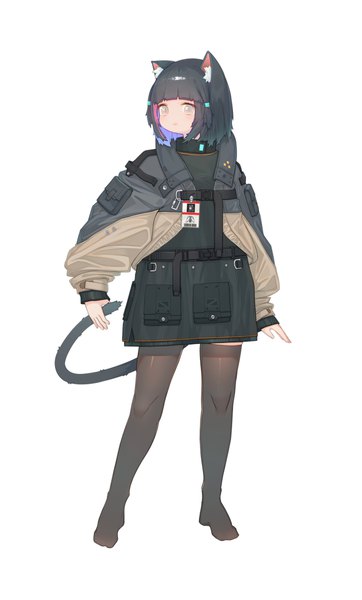 Anime picture 2210x3663 with original puremage single tall image looking at viewer fringe highres short hair black hair simple background standing white background animal ears full body tail blunt bangs long sleeves animal tail multicolored hair cat ears