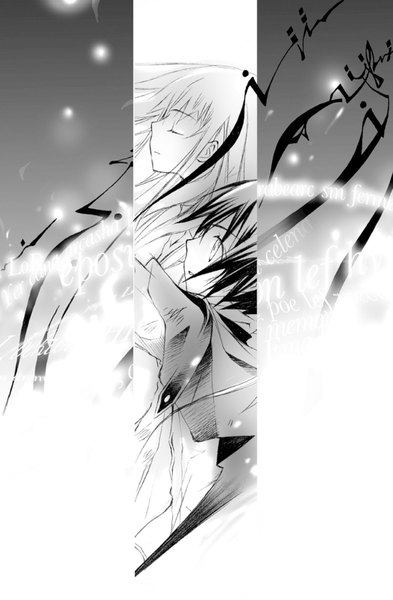 Anime picture 1049x1600 with tasogareiro no uta tsukai kluele sophi net neight yehlemihas takeoka miho long hair tall image short hair black hair standing upper body eyes closed parted lips profile grey background couple gradient background text floating hair monochrome looking up