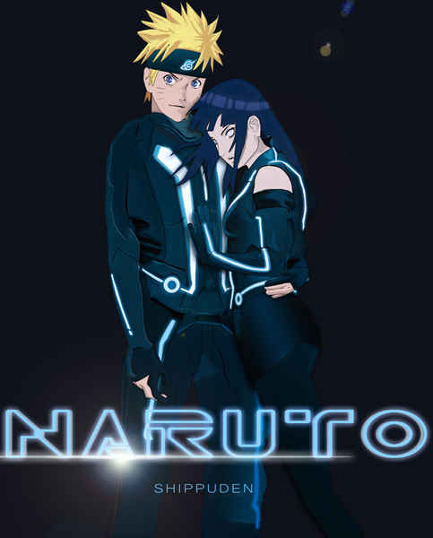 Anime picture 1250x1553 with naruto tron:legacy studio pierrot naruto (series) uzumaki naruto hyuuga hinata long hair tall image looking at viewer short hair blue eyes black hair blonde hair smile standing looking away inscription couple facial mark cosplay