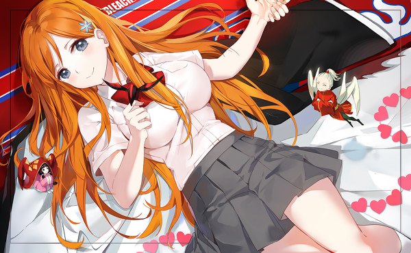 Anime picture 1200x740 with bleach studio pierrot inoue orihime ayame (bleach) shuno (bleach) emyo long hair looking at viewer blush breasts blue eyes black hair smile wide image large breasts sitting multiple girls full body white hair ponytail