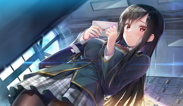 Anime picture 2010x1170 with study steady omaezaki yuu emily (pure dream) single long hair blush fringe highres breasts black hair red eyes wide image standing holding game cg indoors long sleeves pleated skirt from below dutch angle