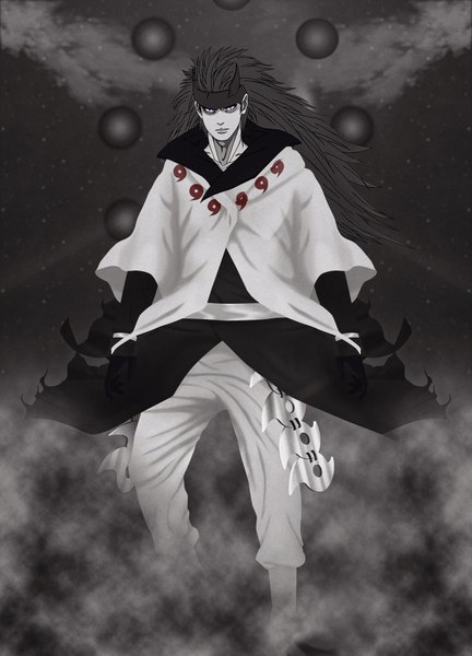 Anime picture 1458x2025 with naruto studio pierrot naruto (series) uchiha madara anvmadara single long hair tall image looking at viewer black hair horn (horns) lips night night sky coloring serious weightlessness dust fog rinnegan