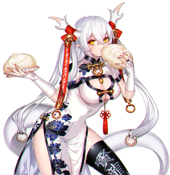 Anime picture 866x891 with original katagiri hachigou single long hair tall image breasts simple background white background yellow eyes white hair traditional clothes horn (horns) pointy ears chinese clothes anaglyph girl thighhighs food bell jingle bell