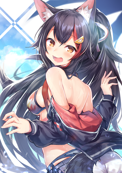 Anime picture 1200x1697 with virtual youtuber hololive ookami mio ookami mio (summer vacation) topia single long hair tall image looking at viewer blush fringe breasts open mouth light erotic black hair smile hair between eyes standing bare shoulders brown eyes