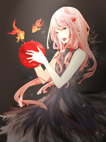 Anime picture 1050x1400 with guilty crown production i.g yuzuriha inori single long hair tall image open mouth twintails bare shoulders looking away pink hair pink eyes teeth girl dress hair ornament flower (flowers) hairclip black dress fish (fishes)