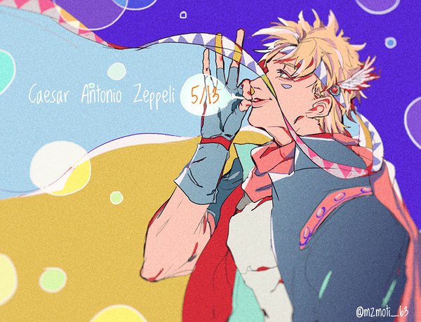 Anime picture 810x620 with jojo no kimyou na bouken caesar anthonio zeppeli mizudama single short hair blue eyes blonde hair signed upper body profile open jacket character names twitter username looking up bubble blowing boy gloves jacket hairband scarf