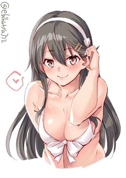Anime picture 991x1400 with kantai collection haruna battleship ebifurya single long hair tall image looking at viewer blush fringe breasts light erotic black hair simple background hair between eyes large breasts white background bare shoulders brown eyes cleavage upper body
