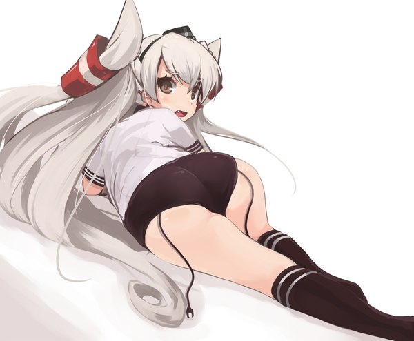 Anime picture 2000x1653 with kantai collection amatsukaze destroyer sakuhiko single long hair looking at viewer blush highres open mouth light erotic brown eyes silver hair ass lying looking back two side up girl hair ornament hat black socks