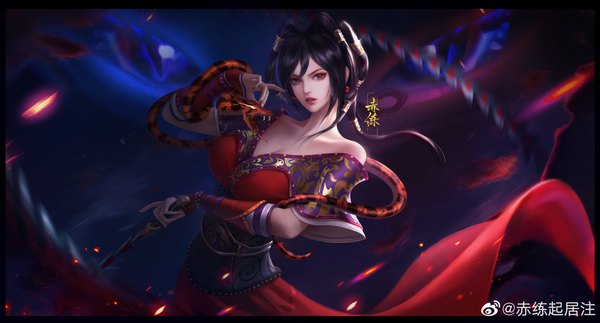 Anime picture 4032x2172 with qing shi ming yue chi lian miao miao hao hao chi single long hair looking at viewer fringe highres breasts black hair wide image large breasts standing holding signed absurdres nail polish parted lips wind realistic
