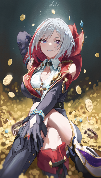 Anime picture 1784x3128 with honkai: star rail honkai (series) topaz (honkai: star rail) dotthebot single tall image looking at viewer highres short hair breasts light erotic smile large breasts sitting purple eyes bare shoulders signed parted lips multicolored hair arm up