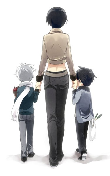 Anime picture 938x1500 with fairy tail gray fullbuster lyon bastia ur 03hagane tall image short hair black hair simple background standing white background full body grey hair from behind multiple boys back holding hands walking spiked hair trio
