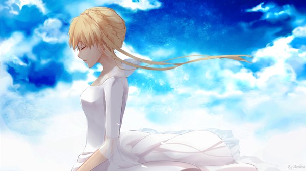 Anime picture 1920x1080 with aldnoah.zero a-1 pictures asseylum vers allusia windblownchestnut arehina single long hair fringe highres blonde hair wide image sky cloud (clouds) braid (braids) eyes closed profile light smile wind girl dress