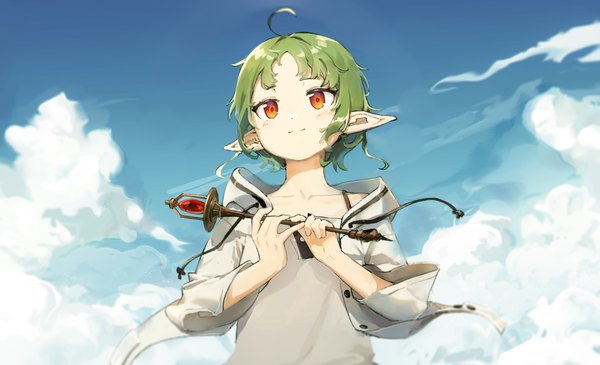 Anime picture 5650x3440 with mushoku tensei studio bind sylphiette (mushoku tensei) yuyin (uzrv7533) single highres short hair red eyes wide image looking away absurdres sky cloud (clouds) upper body ahoge green hair wind pointy ears girl wand