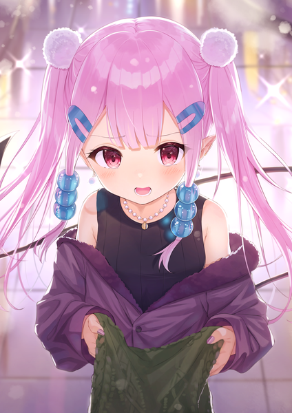 Anime picture 1447x2047 with original tsukiman single long hair tall image looking at viewer blush fringe open mouth red eyes standing twintails bare shoulders holding payot pink hair tail long sleeves nail polish :d