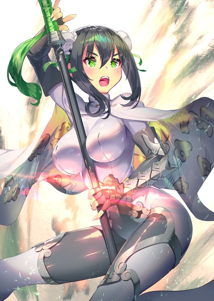 Anime picture 570x800 with fate (series) fate/grand order qin liangyu (fate) yoshimoto (dear life) single tall image blush fringe breasts open mouth light erotic hair between eyes large breasts holding green eyes payot looking away arm up fingernails hair bun (hair buns)
