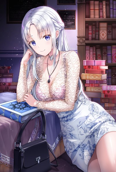 Anime picture 1180x1750 with original lunacle single long hair tall image looking at viewer fringe blue eyes light erotic smile sitting holding cleavage silver hair indoors braid (braids) long sleeves head tilt arm support thighs