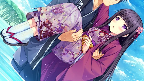Anime picture 1280x720 with sengoku hime 4 long hair blush black hair wide image purple eyes game cg japanese clothes girl boy hair ornament water kimono obi