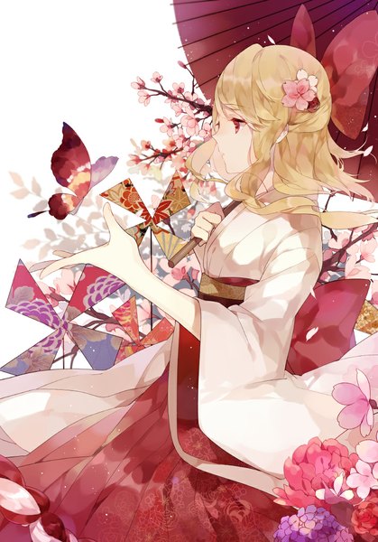 Anime picture 800x1144 with vocaloid kagamine rin moca (p0ckylo) single long hair tall image blonde hair red eyes traditional clothes profile hair flower cherry blossoms girl hair ornament flower (flowers) bow plant (plants) hair bow petals tree (trees)