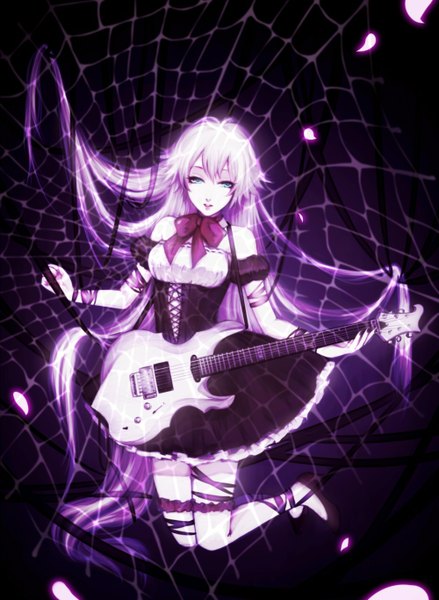 Anime picture 1000x1366 with vocaloid ia (vocaloid) ohagi (ymnky) single tall image looking at viewer fringe breasts holding pink hair very long hair aqua eyes alternate costume kneeling glowing pale skin girl dress bow ribbon (ribbons)