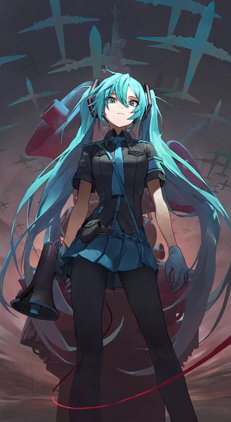 Anime picture 1000x1822 with vocaloid koi wa sensou (vocaloid) hatsune miku modare single tall image looking at viewer fringe breasts hair between eyes standing twintails holding very long hair pleated skirt aqua eyes aqua hair from below short sleeves alternate costume