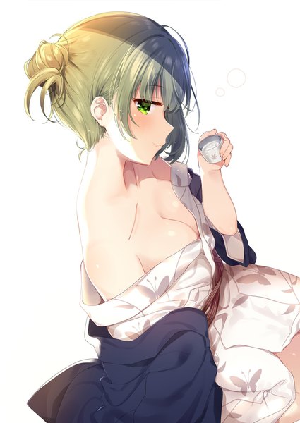 Anime picture 1290x1821 with idolmaster idolmaster cinderella girls takagaki kaede mafuyu (chibi21) single tall image looking at viewer blush short hair breasts light erotic simple background white background sitting holding green eyes cleavage traditional clothes japanese clothes profile