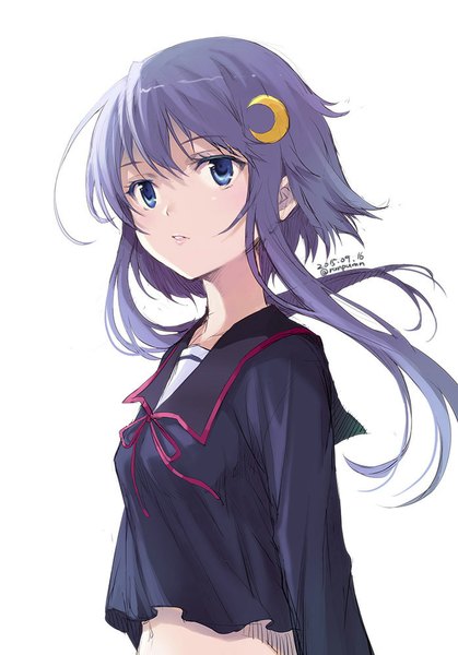 Anime picture 698x1000 with kantai collection yayoi destroyer tomozo kaoru single tall image blush fringe short hair blue eyes simple background white background signed looking away purple hair parted lips dated girl uniform hair ornament serafuku