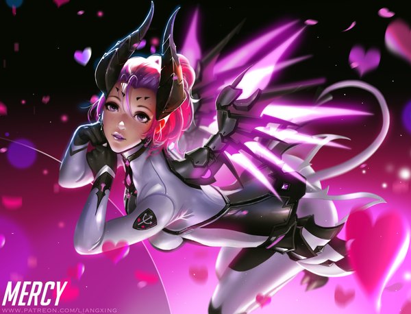 Anime picture 3924x3000 with overwatch blizzard entertainment mercy (overwatch) imp mercy liang xing single looking at viewer fringe highres short hair light erotic hair between eyes signed pink hair absurdres full body tail parted lips pink eyes multicolored hair