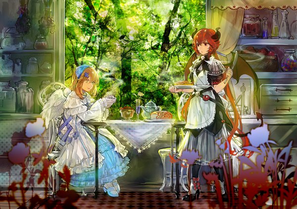 Anime picture 1421x1000 with haiiro teien chelan dialo noir (ibaraki) long hair blue eyes blonde hair standing sitting multiple girls green eyes full body red hair indoors very long hair horn (horns) sunlight maid black wings white wings