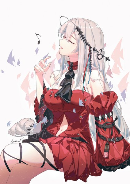 Anime-Bild 1413x2000 mit arknights skadi (arknights) skadi the corrupting heart (arknights) leria v single long hair tall image fringe open mouth simple background hair between eyes white background sitting bare shoulders silver hair eyes closed wide sleeves crossed legs official alternate costume center opening