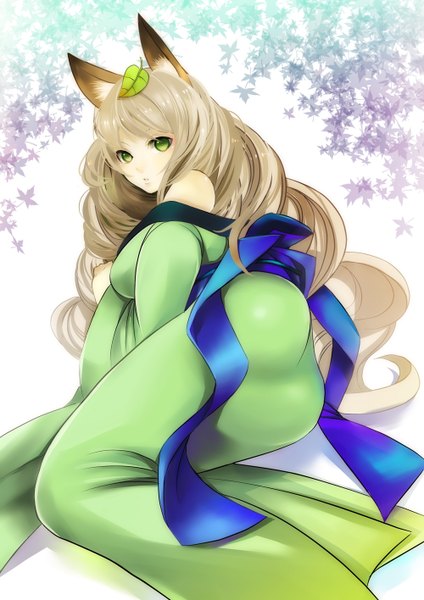 Anime picture 1000x1416 with oboro muramasa (game) vanillaware yuzuruha tate (donnguriumai) single long hair tall image looking at viewer breasts blonde hair large breasts white background green eyes animal ears traditional clothes japanese clothes fox ears reclining girl leaf (leaves)